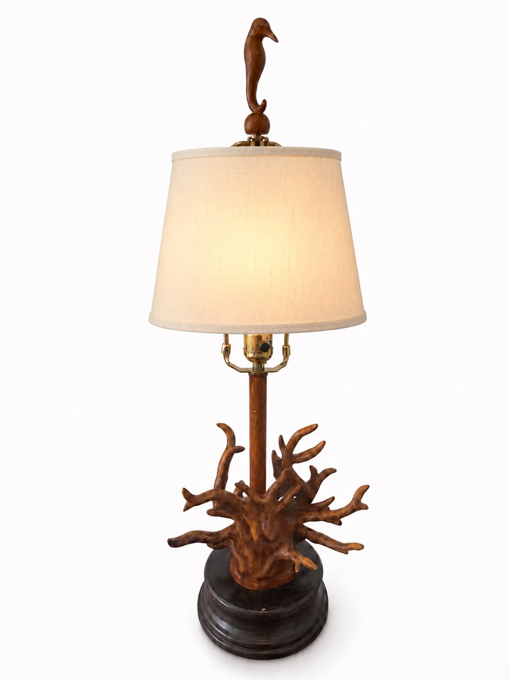 Vintage Sculptural Root Wood Table Lamp Bird Finial Organic MCM 29” Tall